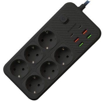 Подовжувач мережевий фільтр 5 м на 6 розеток + 4USB + 2Type-C F183PD Чорний