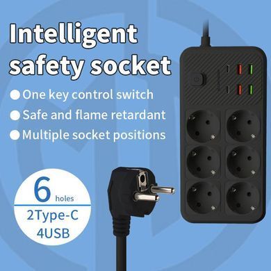 Подовжувач мережевий фільтр 5 м на 6 розеток + 4USB + 2Type-C F183PD Чорний