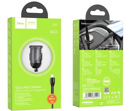 Автомобільна зарядка з швидкою зарядкою QC3.0 + MicroUSB кабель HOCO Z43 1USB, 3A, QC, 18W Чорний