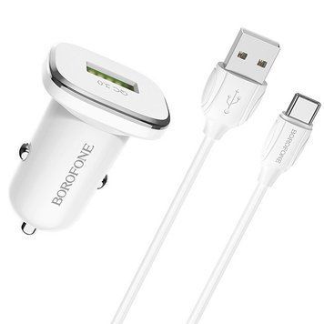 Авто зарядний пристрій з швидкою зарядкою + кабель Type-C BOROFONE BZ12A 1USB, QC3.0 18W Білий