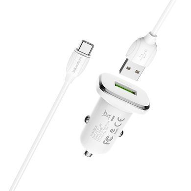 Авто зарядний пристрій з швидкою зарядкою + кабель Type-C BOROFONE BZ12A 1USB, QC3.0 18W Білий