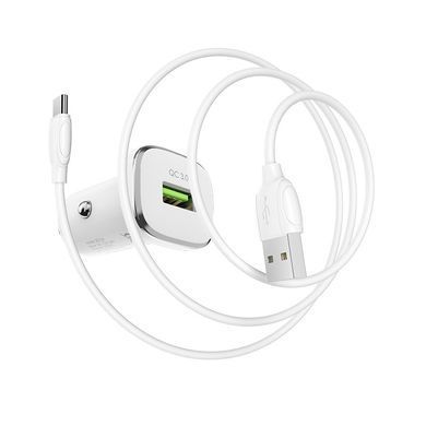 Авто зарядний пристрій з швидкою зарядкою + кабель Type-C BOROFONE BZ12A 1USB, QC3.0 18W Білий