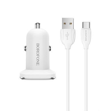 Авто зарядний пристрій з швидкою зарядкою + кабель Type-C BOROFONE BZ12A 1USB, QC3.0 18W Білий