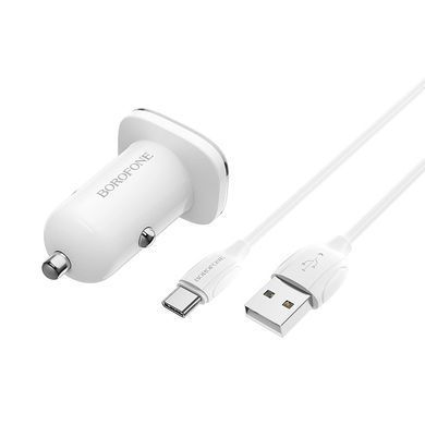 Авто зарядний пристрій з швидкою зарядкою + кабель Type-C BOROFONE BZ12A 1USB, QC3.0 18W Білий
