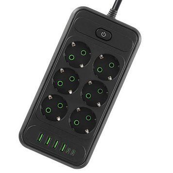 Подовжувач мережевий фільтр 5 м на 6 розеток + 4USB + 2Type-C F247-2PD Чорний