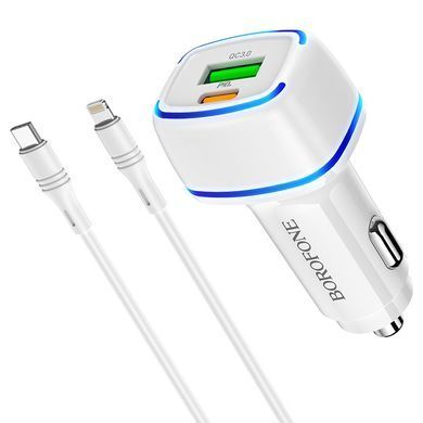 Авто зарядний пристрій з швидкою зарядкою + кабель Lightning BOROFONE BZ14A USB/Type-C, PD20W+QC3.0 Білий