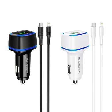 Авто зарядний пристрій з швидкою зарядкою + кабель Lightning BOROFONE BZ14A USB/Type-C, PD20W+QC3.0 Білий