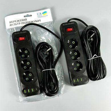 Мережевий подовжувач 2м на 3 розетки + 3USB + Type-C UA Power F23U мережевий фільтр з USB 54795