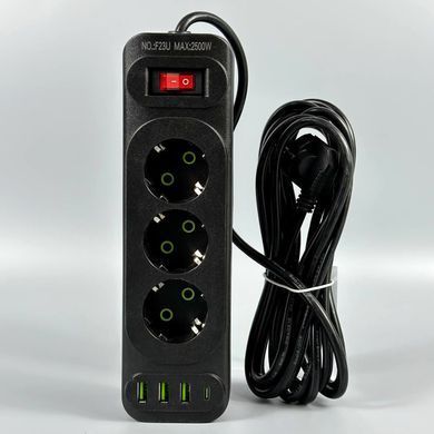 Мережевий подовжувач 2м на 3 розетки + 3USB + Type-C UA Power F23U мережевий фільтр з USB 54795