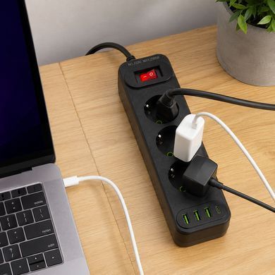 Мережевий подовжувач 6м на 3 розетки + 3USB + Type-C UA Power F23U мережевий фільтр з USB 54800