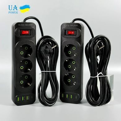Мережевий подовжувач 6м на 3 розетки + 3USB + Type-C UA Power F23U мережевий фільтр з USB 54800