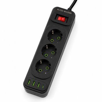 Мережевий подовжувач 4м на 3 розетки + 3USB + Type-C UA Power F23U мережевий фільтр з USB 54799