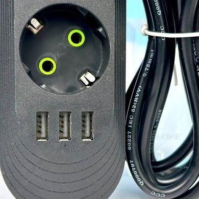 Подовжувач мережевий переноска 6м на 3 розетки + 3USB UA Power F03U Чорний 48637