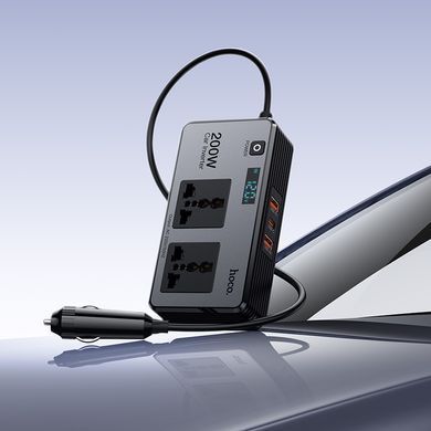 Автомобільний інвертор HOCO Z66 200W 2 розетки + USB-C PD 66W + 2 USB-A перетворювач напруги 12V 220V
