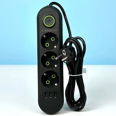 Подовжувач мережевий переноска 6м на 3 розетки + 3USB UA Power F03U Чорний 48637