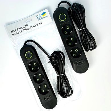 Подовжувач мережевий переноска 6м на 3 розетки + 3USB UA Power F03U Чорний 48637
