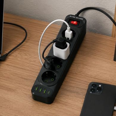 Мережевий подовжувач 2м на 5 розеток + 3USB + Type-C UA Power F25U мережевий фільтр з USB 63258
