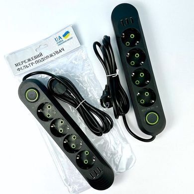 Подовжувач мережевий переноска 6м на 4 розетки + 3USB UA Power F04U Чорний 48639