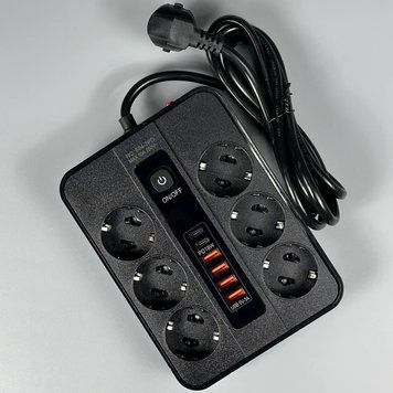 Подовжувач мережевий фільтр 3 м на 6 розеток + 4USB + 2Type-C 3000W Power Socket F54-2PD Чорний