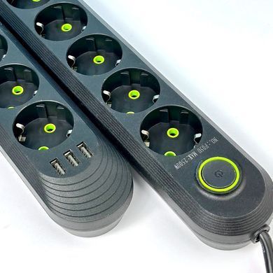 Подовжувач мережевий переноска 2м на 5 розеток + 3USB UA Power F05U Чорний 49632