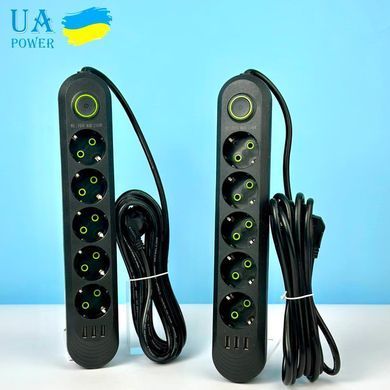 Подовжувач мережевий переноска 2м на 5 розеток + 3USB UA Power F05U Чорний 49632