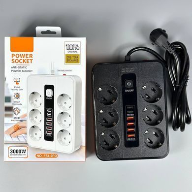 Подовжувач мережевий фільтр 3 м на 6 розеток + 4USB + 2Type-C 3000W Power Socket F54-2PD Чорний