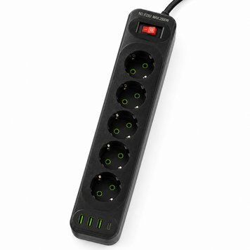 Мережевий подовжувач 6м на 5 розеток + 3USB + Type-C UA Power F25U мережевий фільтр з USB 63260