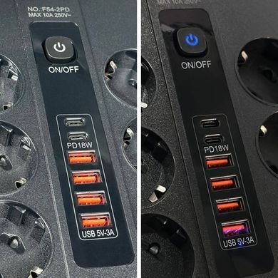 Подовжувач мережевий фільтр 5 м на 6 розеток + 4USB + 2Type-C 3000W Power Socket F54-2PD Чорний