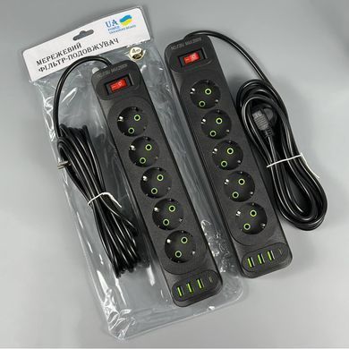 Мережевий подовжувач 6м на 5 розеток + 3USB + Type-C UA Power F25U мережевий фільтр з USB 63260