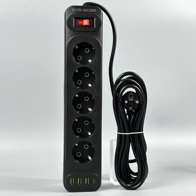 Мережевий подовжувач 6м на 5 розеток + 3USB + Type-C UA Power F25U мережевий фільтр з USB 63260