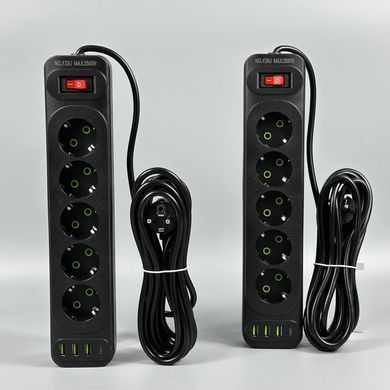 Мережевий подовжувач 6м на 5 розеток + 3USB + Type-C UA Power F25U мережевий фільтр з USB 63260
