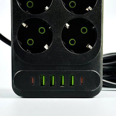 Подовжувач мережевий переноска 2м на 10 розеток + 4USB + 2Type-C UA Power F35U Чорний 63266