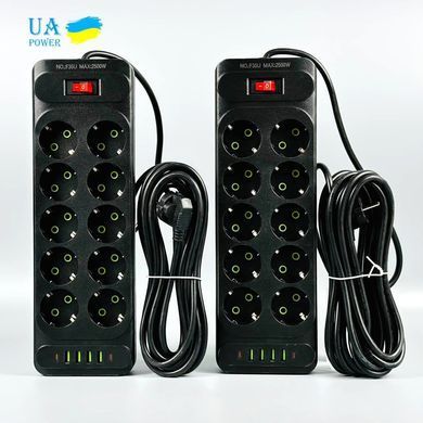 Подовжувач мережевий переноска 2м на 10 розеток + 4USB + 2Type-C UA Power F35U Чорний 63266