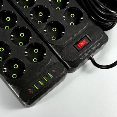 Подовжувач мережевий переноска 2м на 10 розеток + 4USB + 2Type-C UA Power F35U Чорний 63266