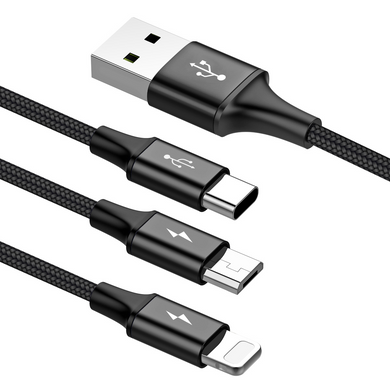 Кабель 3в1 для зарядки телефону MicroUSB + TypeC + Lightning 3-in-1BASEUS Combo Rapid Series |1.2м 3A| Чорний