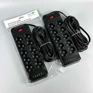 Подовжувач мережевий переноска 2м на 10 розеток + 4USB + 2Type-C UA Power F35U Чорний 63266