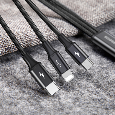 Кабель 3в1 для зарядки телефону MicroUSB + TypeC + Lightning 3-in-1BASEUS Combo Rapid Series |1.2м 3A| Чорний