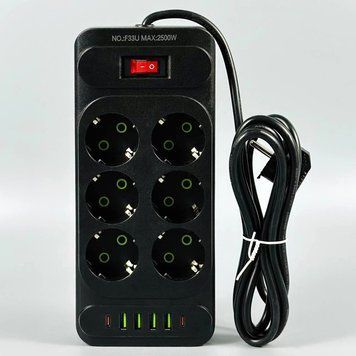 Подовжувач мережевий фільтр 2 м на 6 розеток + 4USB + 2Type-C UA Power F33U Чорний