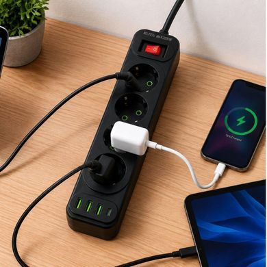 Мережевий подовжувач 4м на 4 розетки + 3USB + Type-C UA Power F24U мережевий фільтр з USB 65686