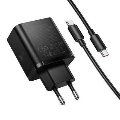 Зарядний пристрій із швидкою зарядкою 65W та кабелем Type-C to Type-C HOCO N75 2Type-C + 1USB Чорний