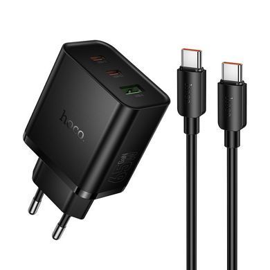 Зарядний пристрій із швидкою зарядкою 65W та кабелем Type-C to Type-C HOCO N75 2Type-C + 1USB Чорний