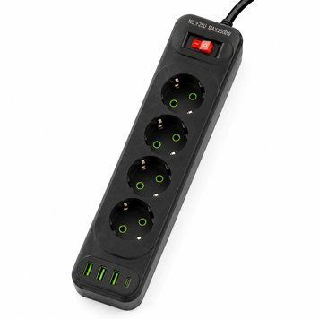 Мережевий подовжувач 6м на 4 розетки + 3USB + Type-C UA Power F24U мережевий фільтр з USB 65687