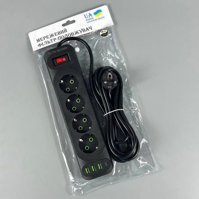 Мережевий подовжувач 6м на 4 розетки + 3USB + Type-C UA Power F24U мережевий фільтр з USB 65687