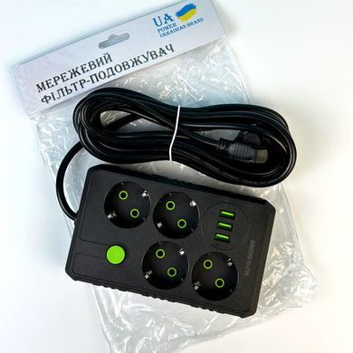Подовжувач мережевий переноска 6м на 4 розетки + 3USB UA Power F15U Чорний 48635