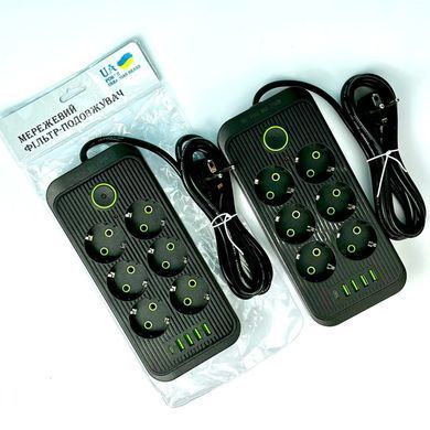 Подовжувач мережевий переноска 2 метри на 6 розеток +4USB+1Type-C UA Power F06U Чорний 45206