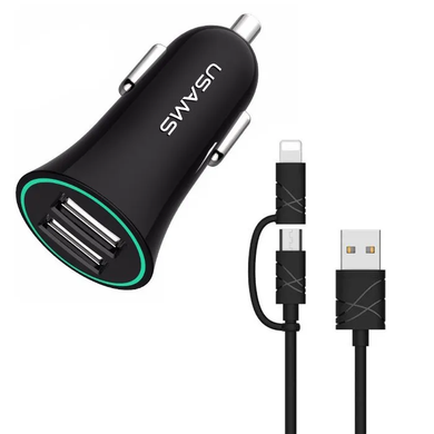 Автомобільний зарядний пристрій + кабель 2в1 Lighting/Micro-USB USAMS CC013 |2USB| Чорний