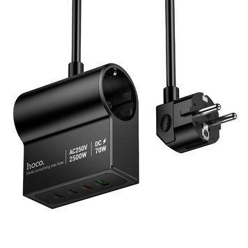 Подовжувач мережевий переноска 1.5м на 2 розетки + 1USB + 3Type-C HOCO AC34 PD70W, EU,GER Чорний