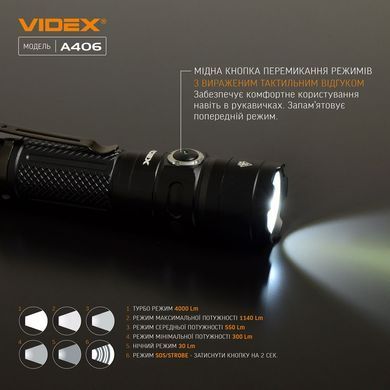 Портативний світлодіодний ліхтарик ручний VIDEX A406 | 4000Lm/6500K | + акумулятор 21700