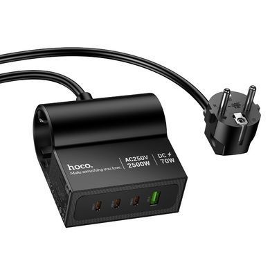 Подовжувач мережевий переноска 1.5м на 2 розетки + 1USB + 3Type-C HOCO AC34 PD70W, EU,GER Чорний