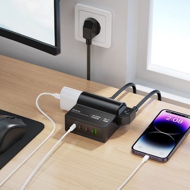 Подовжувач мережевий переноска 1.5м на 2 розетки + 1USB + 3Type-C HOCO AC34 PD70W, EU,GER Чорний